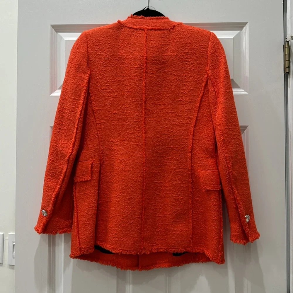 Zara Bright Orange Red Tweed Diamond Button Blazer - Picture 6 of 15